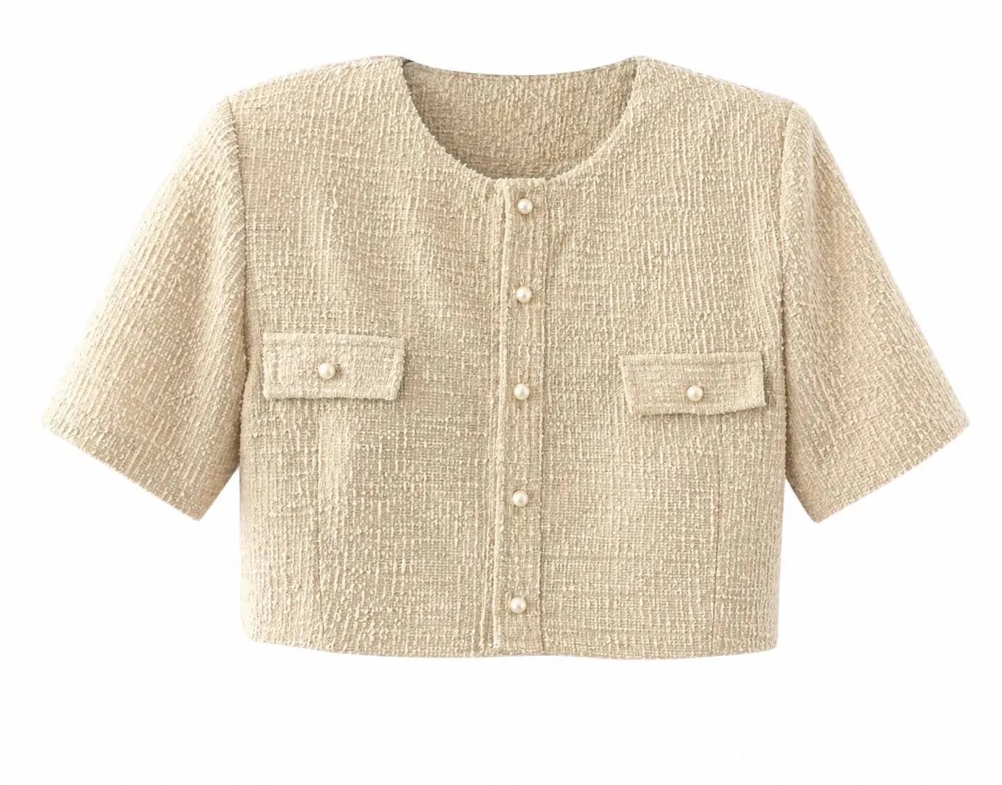 Beige Tweed Crop Top with Pearl Buttons