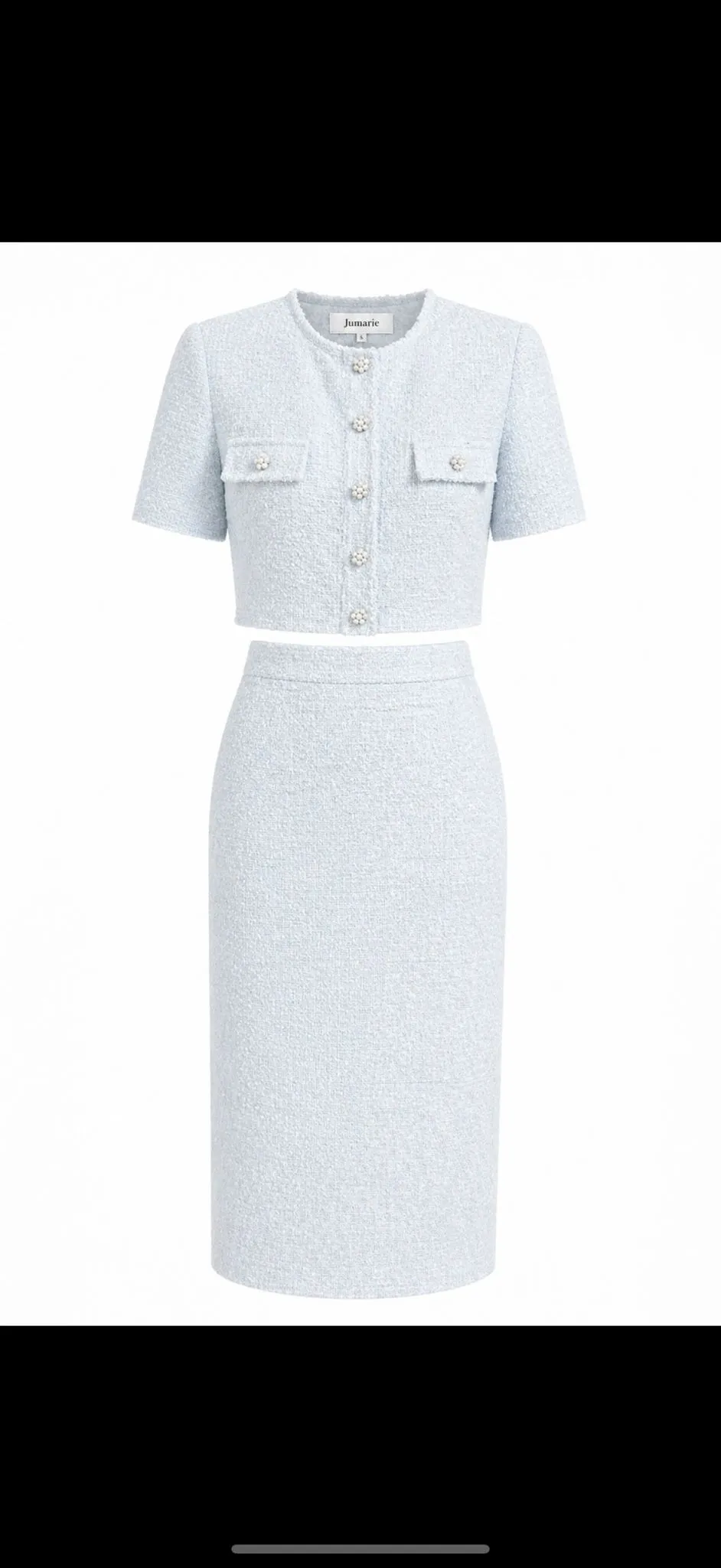 Light Blue Tweed Crop Top & Pencil Skirt Set