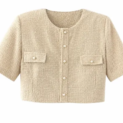 Beige Tweed Crop Top with Pearl Buttons