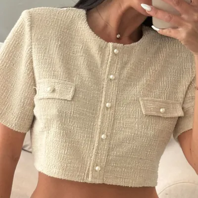 Beige Tweed Crop Top with Pearl Buttons