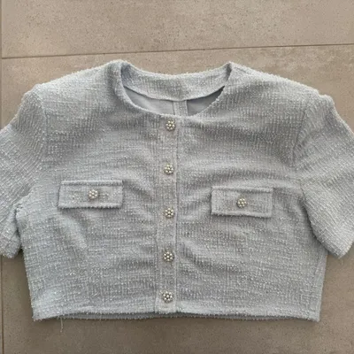 Grey Tweed Crop Jacket with Pearl Belt