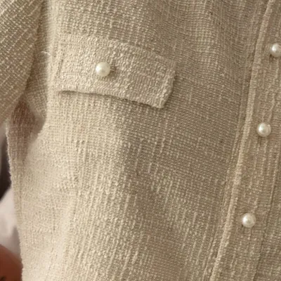 Beige Tweed Crop Top with Pearl Buttons