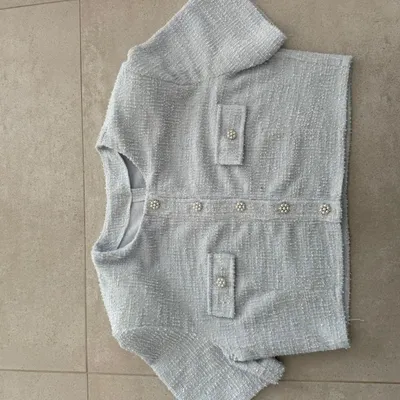 Grey Tweed Crop Jacket with Pearl Belt